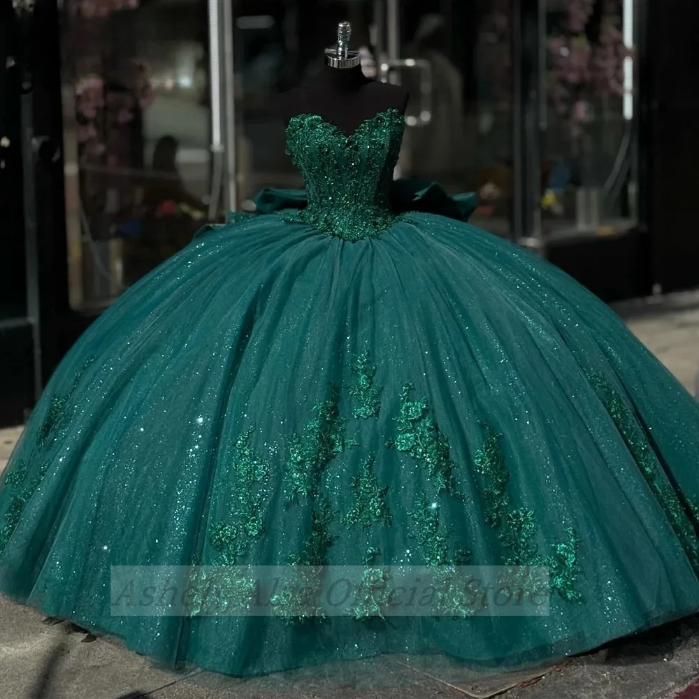 Vestido De quinceañera verde esmeralda, Apliques De encaje, corsé, fiesta De cumpleaños, graduación, 15, 16