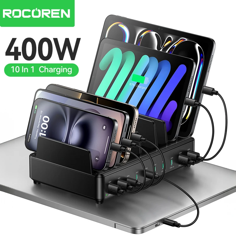 rocoren-200w-gan-charger-6-ports-desktop-fast-charging-usb-type-c-charger-portable-power-station-for-iphone-17-pro-max-xiaomi-14