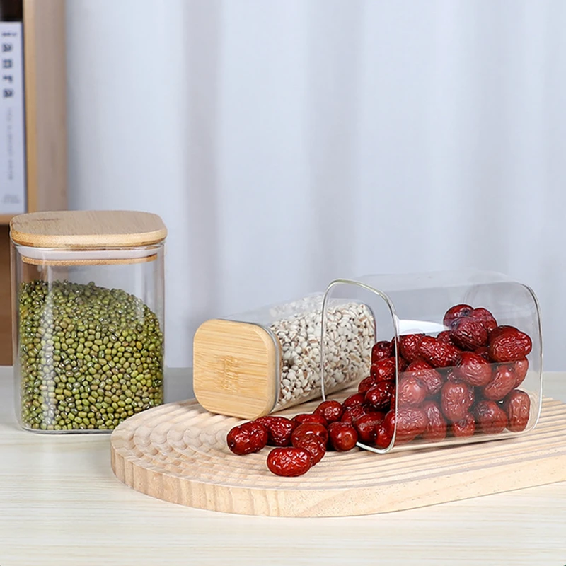 Square Glass Storage Jars with Bamboo Cover, Sealed Glass Bottle, Kitchen Seasoning Pot, 250ml, 6 Units