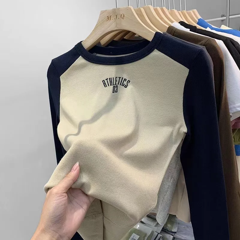 Retro American Short Sleeve Long T-Shirt Women's Correct Shoulder Autumn Winter New Ribbed Inner Wear Slim Fit Base Shirt Top