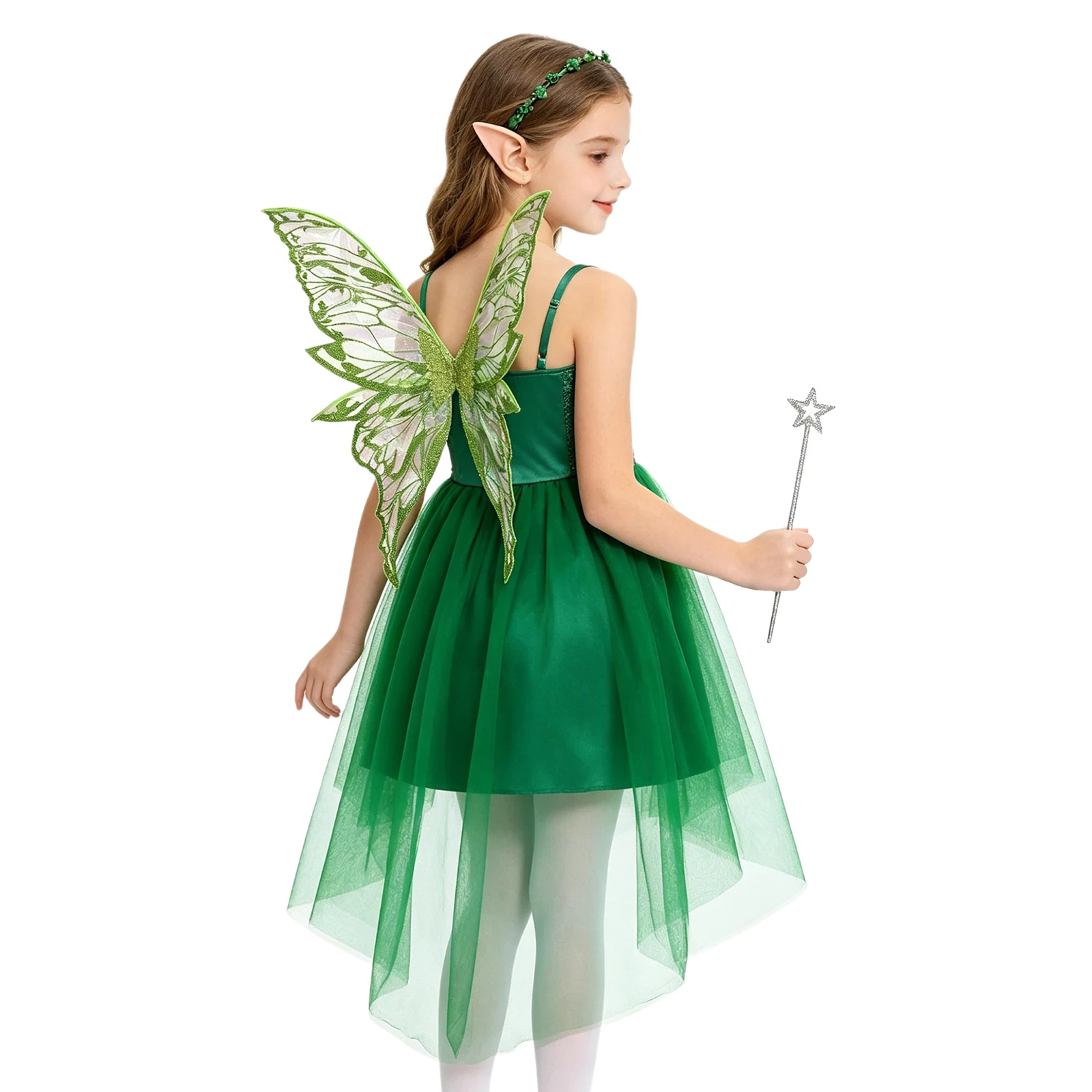 Kids Girls Halloween Green Princess Dress Glittery Sequin High-low Tulle Sling Dress And Fairy Tale Wings Forest Cosplay Costume
