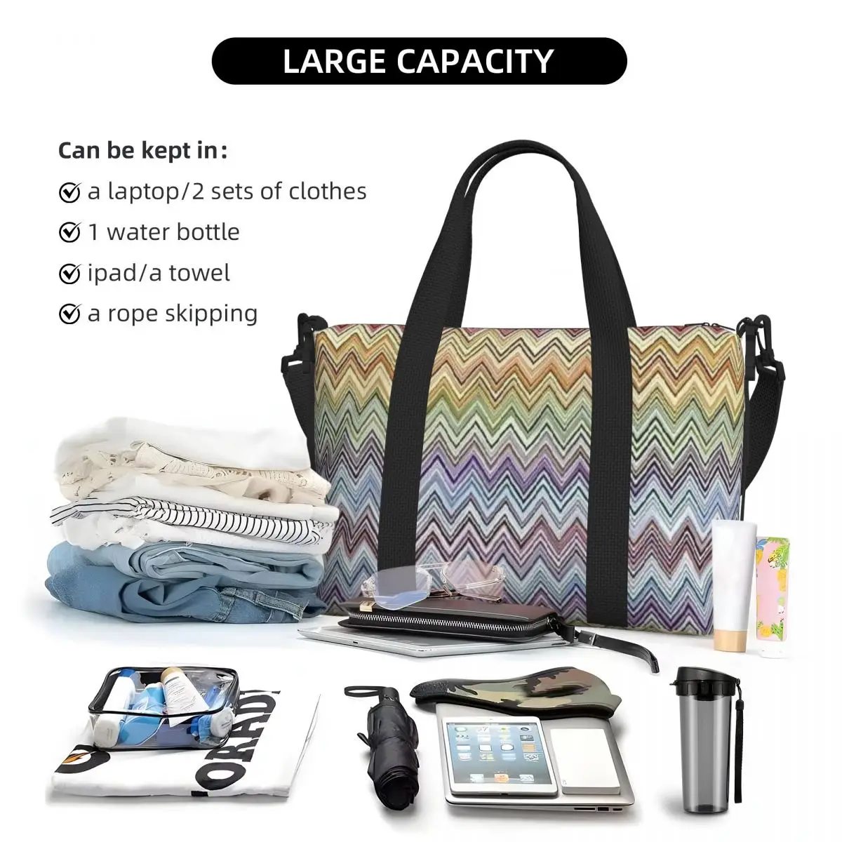 Borsa tote da spiaggia personalizzata Boho Chic moderna a zigzag per donna, palestra extra large, borse per la spesa da viaggio multicolori geometriche