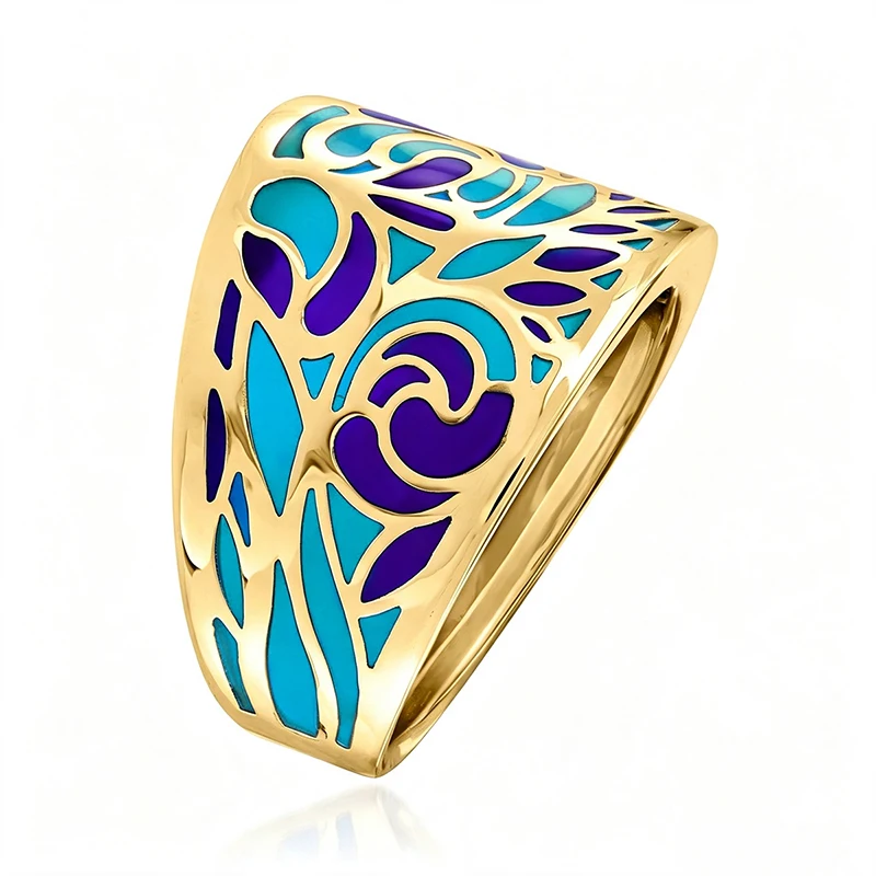Huitan Abstract Floral Blue Purple Enamel Rings for Women Wide Band Hollow Cutout Statement Bohemian Female Finger Jewelry Gift