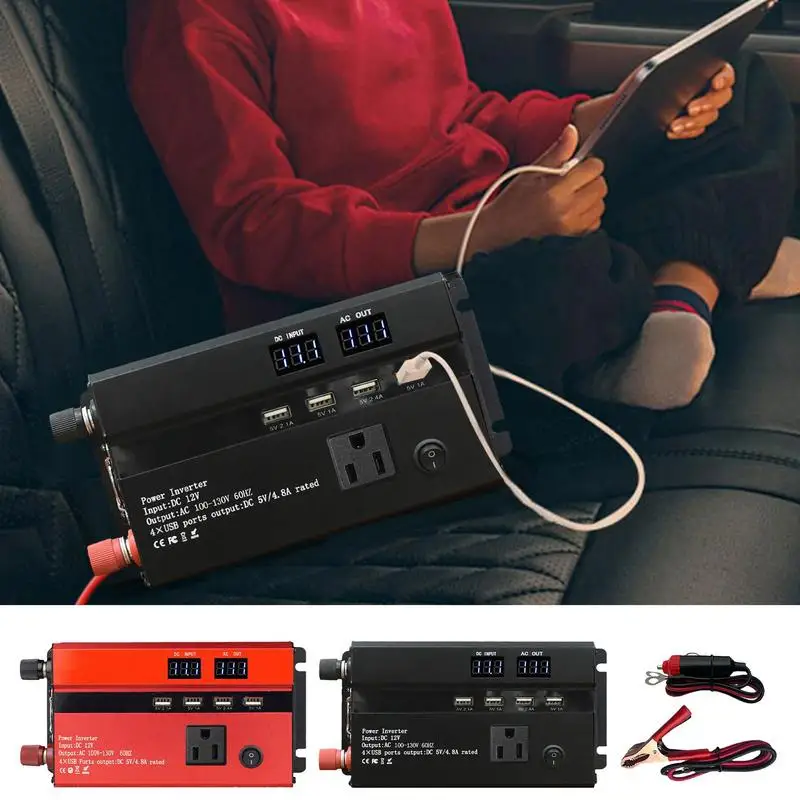 Car Inverter 12V To 110V LCD Display DC 12V To AC 110V Converter With 4 USB Ports Power Inverters For Vehicles For Outdoor