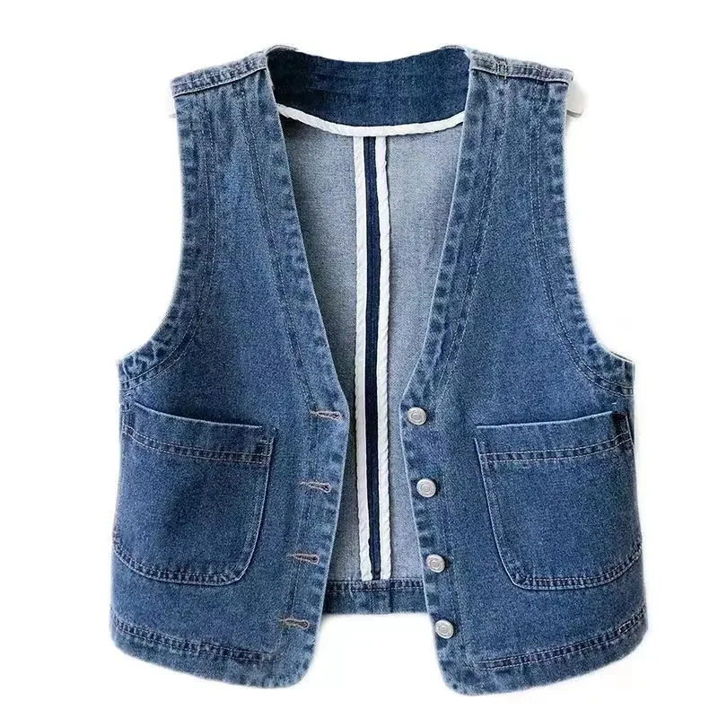 Womens Retro Double Pocket Denim Waistcoat Casual Vest