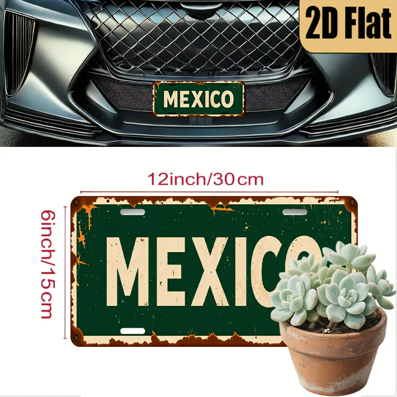 1pc Vintage Mexican License Plate - Authentic Mexico Design with Distressed Green & Golden Lettering, Aged White Background - He