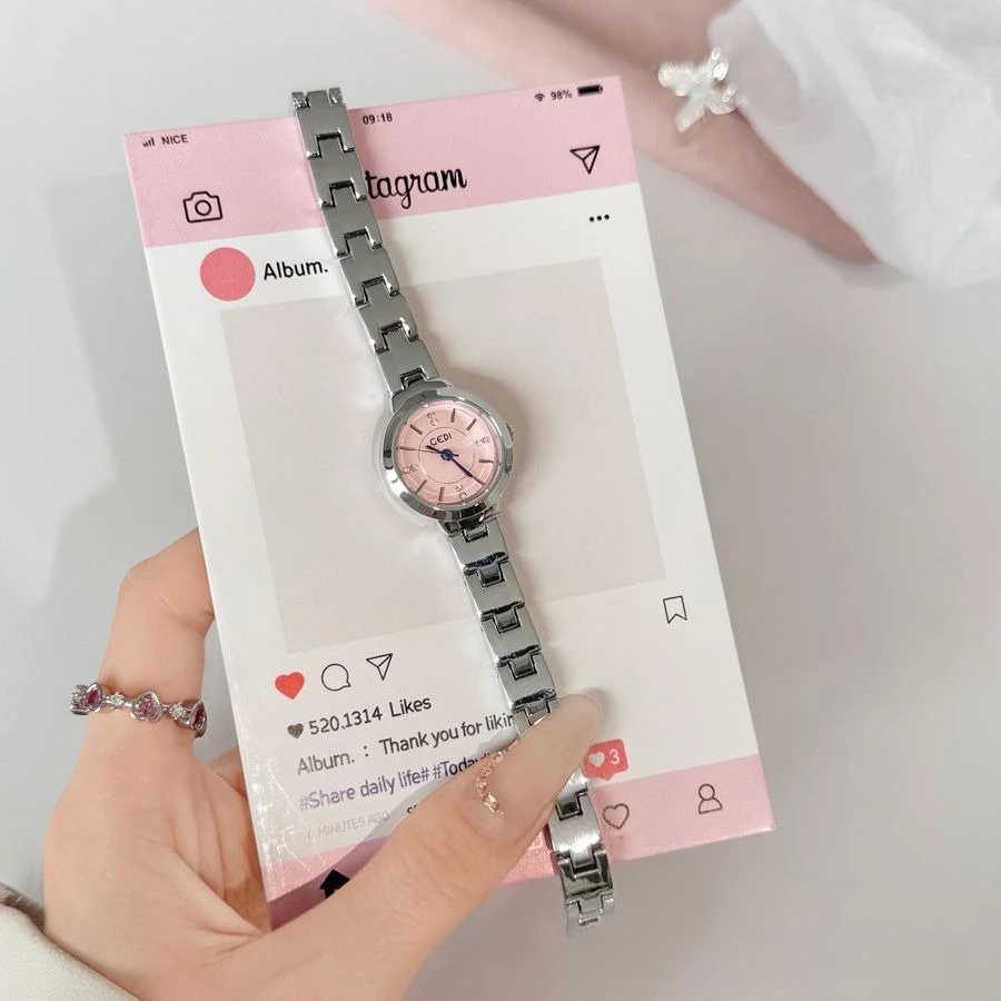 GEDI Women's Quartz Watch Pink Dial Silver Strap Gather Fashion Casual Style Chain Steel Design Simple Lady Clock Bracelet Gift