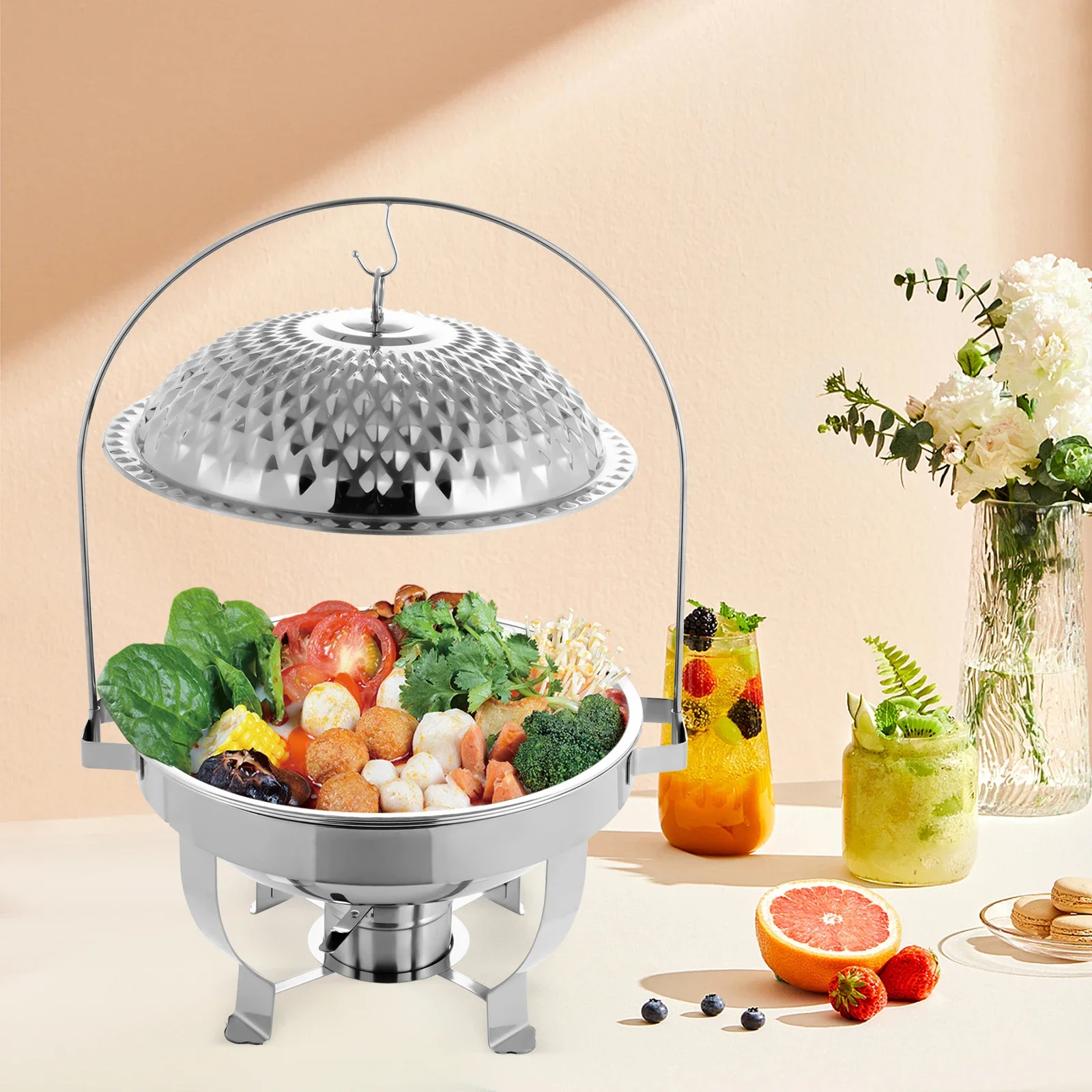 

Premium Buffet Stove 6L Round Food Warmer - Diamond Hanging Lid Stainless Steel Kitchen Countertop Warmer Pot, Dining Stove
