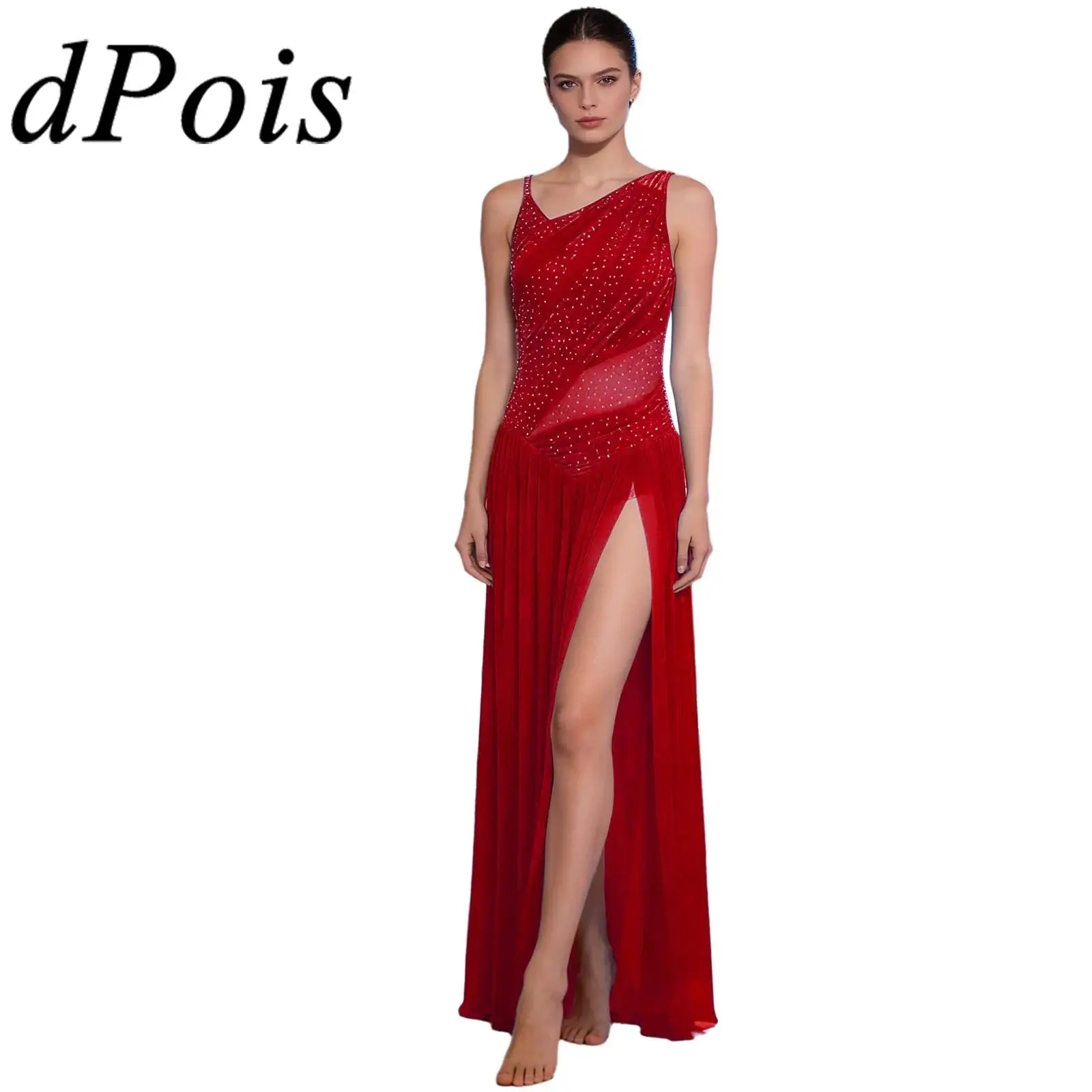 エレガントな女性用リリカルダンスドレス、バレエ芸術スケート衣装、大人用ラインストーン付きノースリーブモダンダンスコスチューム、ダンスウェア