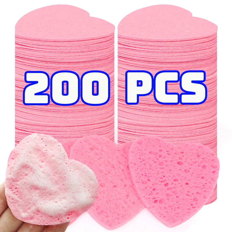 200Pcs Compress Face Wash Puff Reusable Heart Shape Sponges Face Cleansing Pads Strong Water Absorption Natural Wood Pulp Cotton