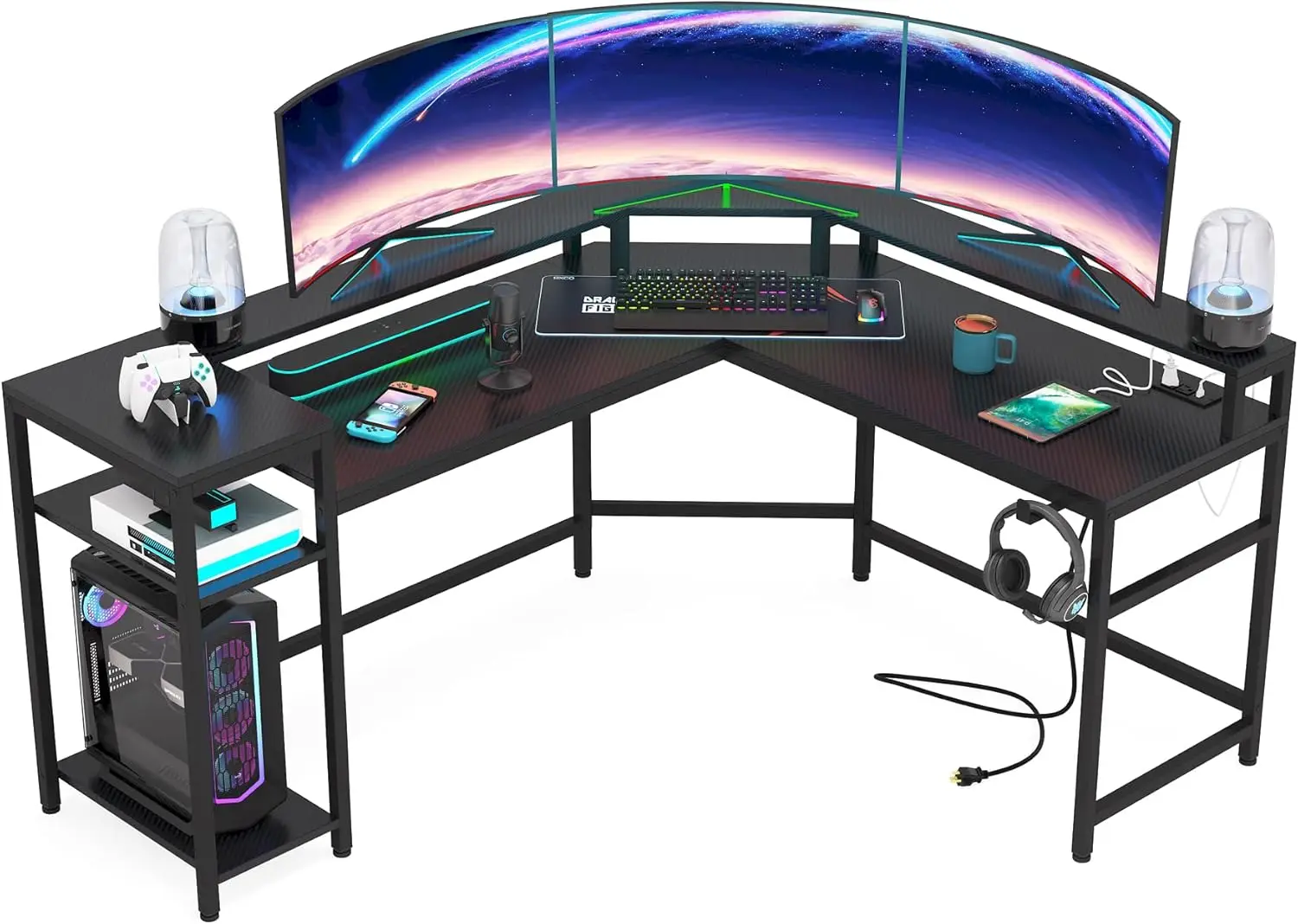 Little Tree L Shaped Gaming Desk: Computer Desk With Power Outlet & Led Stripe, Modern Coner L Desk With Storage Shelves For