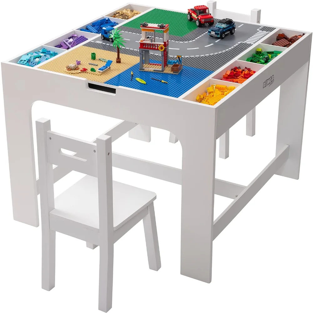 Mesa de juego 2 en 1 para niños, Juego de 2 sillas con almacenamiento, Compatible con Lego y ladrillos Duplo, mesa de actividades, muebles de juego