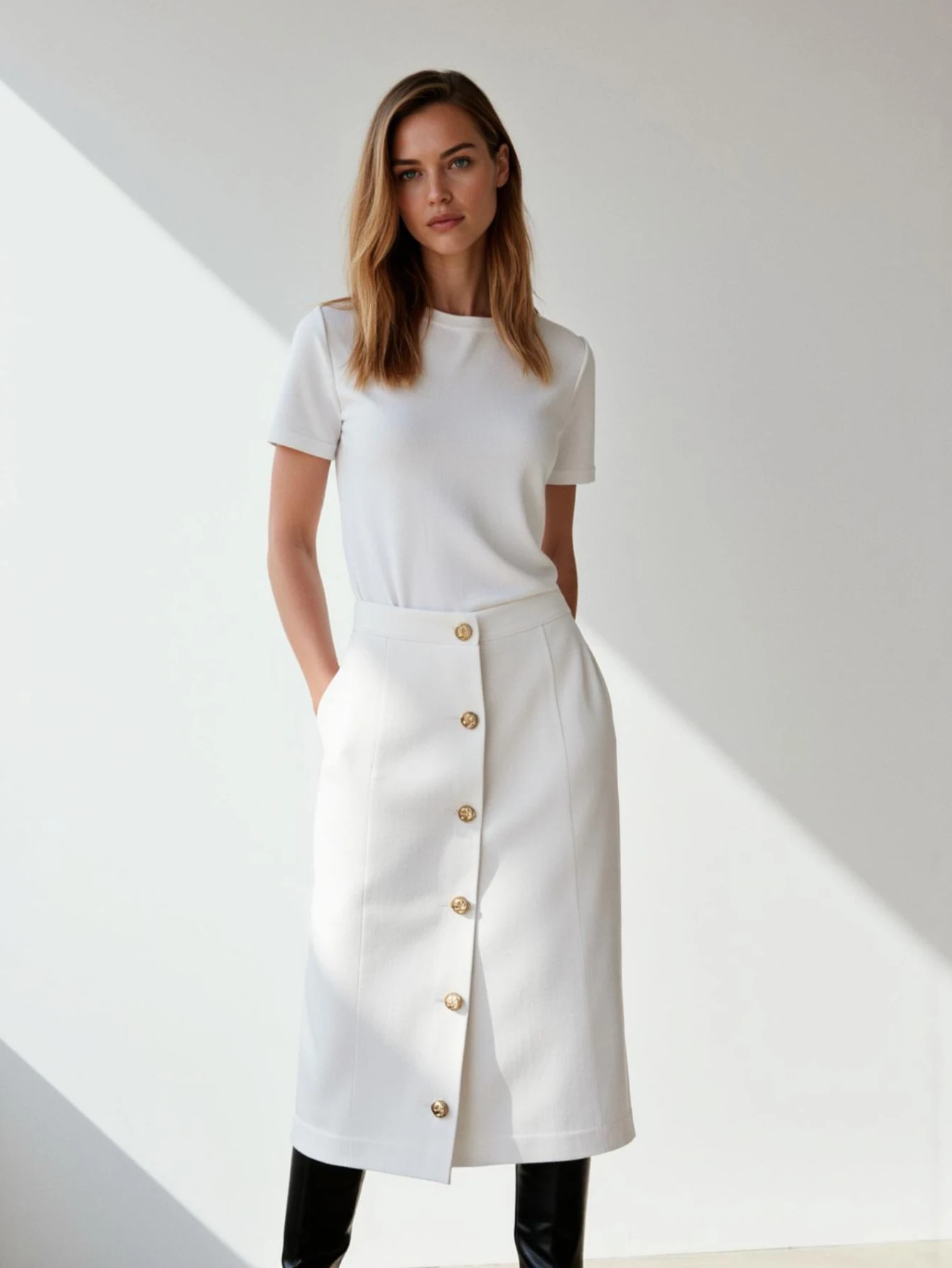 

Women's Elegant Plain Button Midi Skirt High Waist A-Line Office Lady Skirt for Autumn