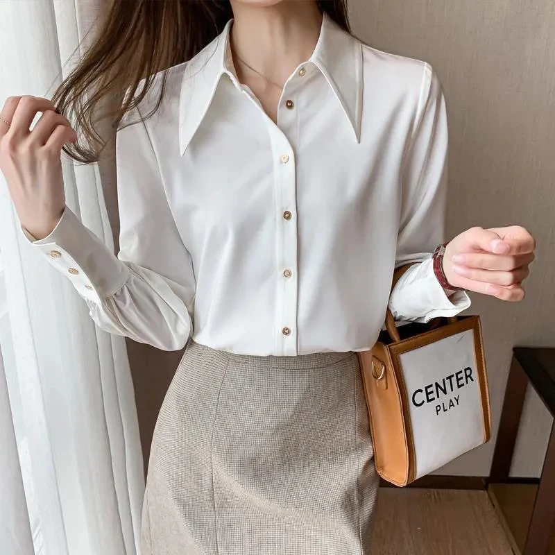 Women Chiffon Shirt Korean Elegant New White Turn Down Collar Female Blouse Summer Fashion Button Office Long Sleeve Ladies Tops