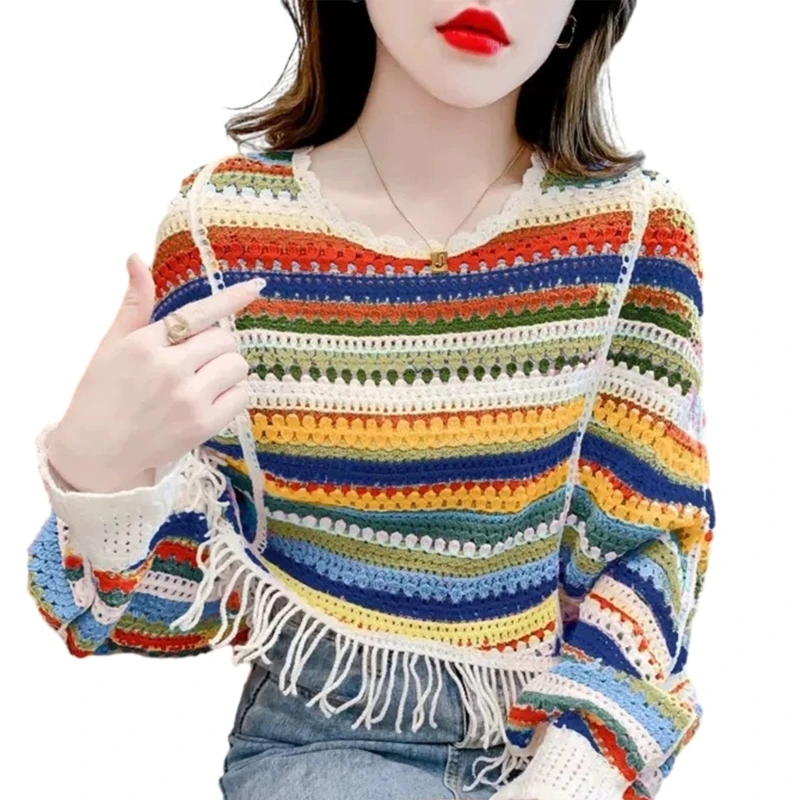 Womens Cropped Knit Top Long Sleeve Crochet Hollow Out Round Neck Sweater