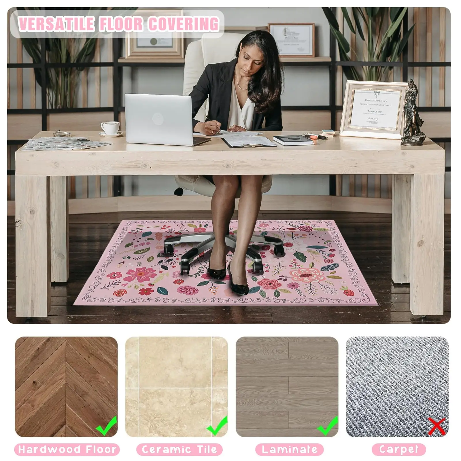 VIKAMA Office Chair Mat Area Rugs for Gaming Rolling Chairs Computer Desk Chair Non-Slip Boho Floral Protector Mats Home Decor
