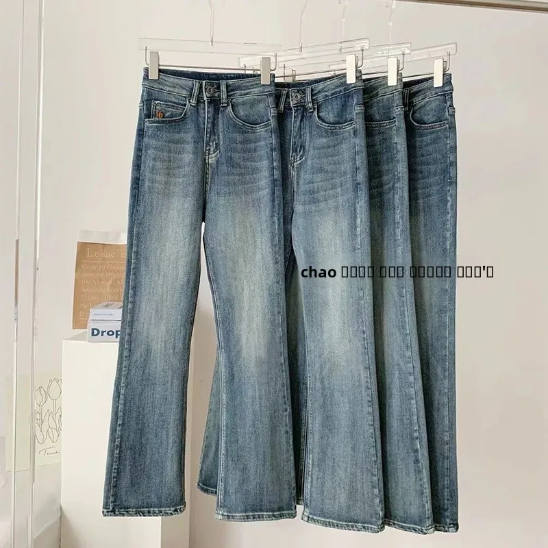 

Джинсы женские с высокой талией, стройнящие, больших размеров, винтажные, длиной в пол, эластичные, с легким расклешением, длинные брюки