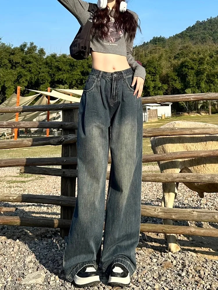

High Waist Wide Leg Cement Grey Denim Jeans Women's Spring Autumn New Loose Slimming Draping Floor-Length Pants