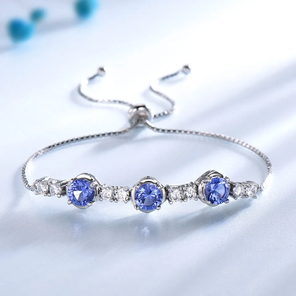 

Three 6mm Round Nano Tanzanite 925 Sterling Silver Adjustable Bracelet Custom Fashion Jewelry 925 Silver White Cubic Zirconia Wo