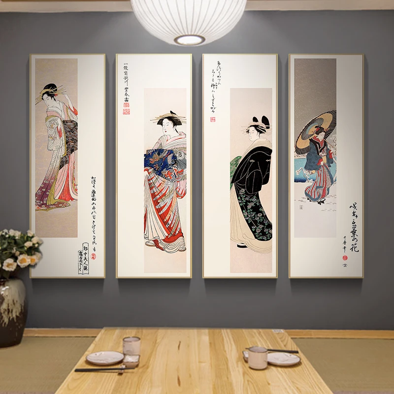 

Japanese Ukiyo-e Style 4-Panel Canvas Poster Geisha Beauty Painting Restaurant Wall Decor Traditional Kimono Art Picture Print