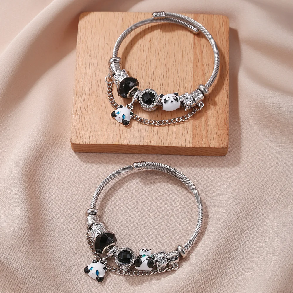 New Chinese Style Stainless Steel Enamel Panda Metal Spacer Bead Bracelet UNISEX Gift Bracelet for Friends Who Love Pandas