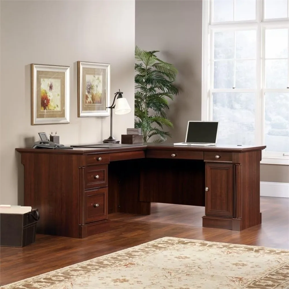 

Classic Style L-Shaped Office Computer Desk in Cherry Writing Desk with Storage Cabinet for Home Office,Living Room