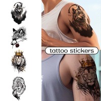 4pcs Wolf and Lion Waterproof Temporary Tattoo for Shoulder and Abdomen, Realistic Semi-Permanent Fake Tattoo