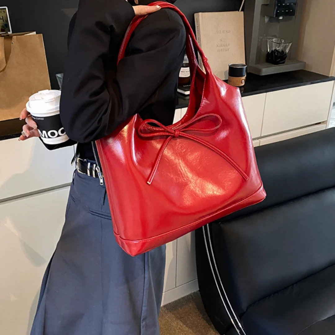 Korean Fashion Bow Decor Glossy PU Shoulder Bag Women Two Sizes Large Capacity Underarm Tote Bag Casual Daily Shopping Handbag