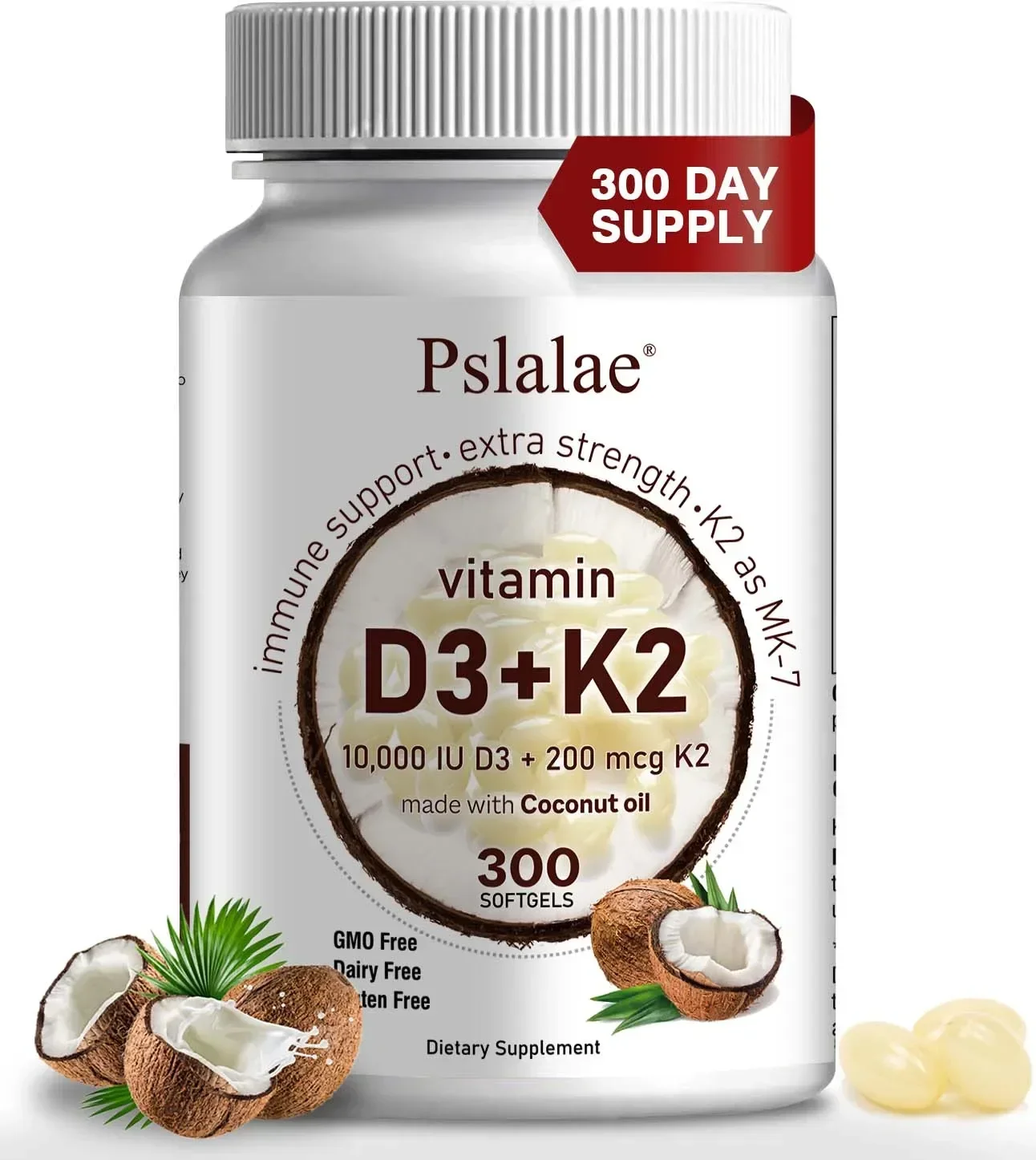 

2-in-1 Vitamin D3 K2 Supplement Softgel, 10000 IU VIT D3 + 200 MCG Vitamin K2, Aiding in Calcium Absorption, (300 Pcs)