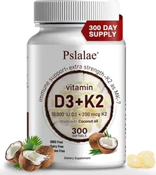 2-in-1 Vitamin D3 K2 Supplement Softgel, 10000 IU VIT D3 + 200 MCG Vitamin K2, Aiding in Calcium Absorption, (300 Pcs)