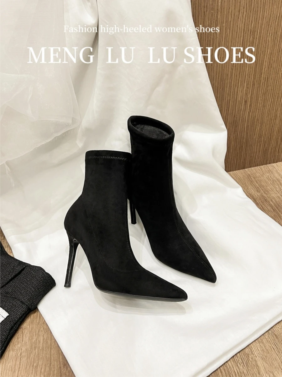 Winter New Product Black Velvet Pointed High Heels Short Boots Thin Heels Versatile Elastic Boots Sexy Short Leg Women's Boots