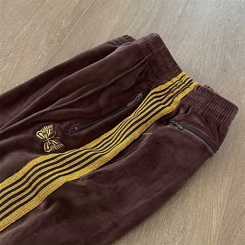 2025 Butterfly Embroidery Brown Velvet Pants Men Women Best Quality AWGE Striped Sweatpants Drawstring Trousers With Tags