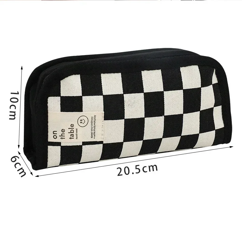 Kawaii Checkerboard Pencil Case Large Capacity Canvas Fashion Pencil Pouch Bag Back To School for Student Stationery Supplies