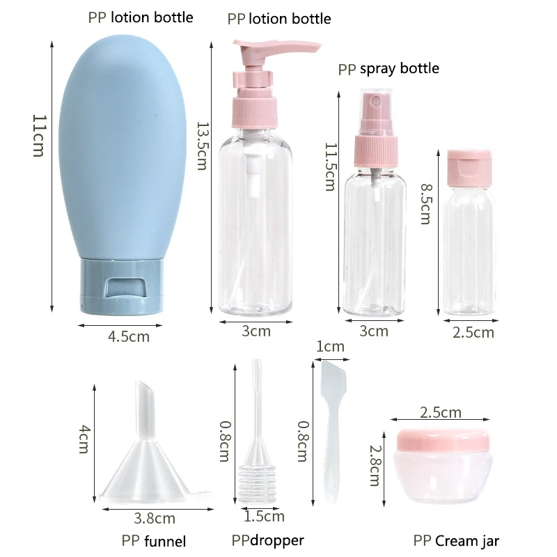 Conjunto de garrafas recarregáveis para viagem, 11 peças, portátil, maquiagem, shampoo, lavagem corporal, spray, loção, frasco de creme, recipiente líquido cosmético