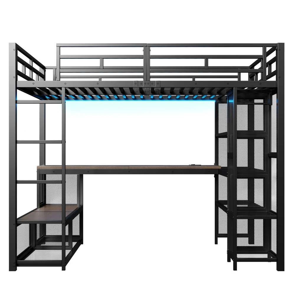 140 x 200 cm großes Hochbett aus Metall mit Stauraum und offenem Kleiderschrank, Kinderzimmerbett mit USB-Anschluss und LED-Beleuchtung, Schwarz/Weiß – Detail 14