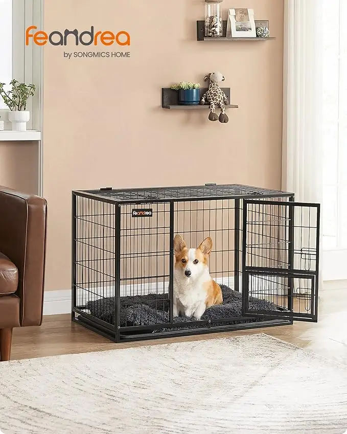 Feandrea Heavy-Duty Dog Crate, Dog Cage, 92.5 x 57.5 x 64 cm, for Small and Medium Dogs, Double Removable Door