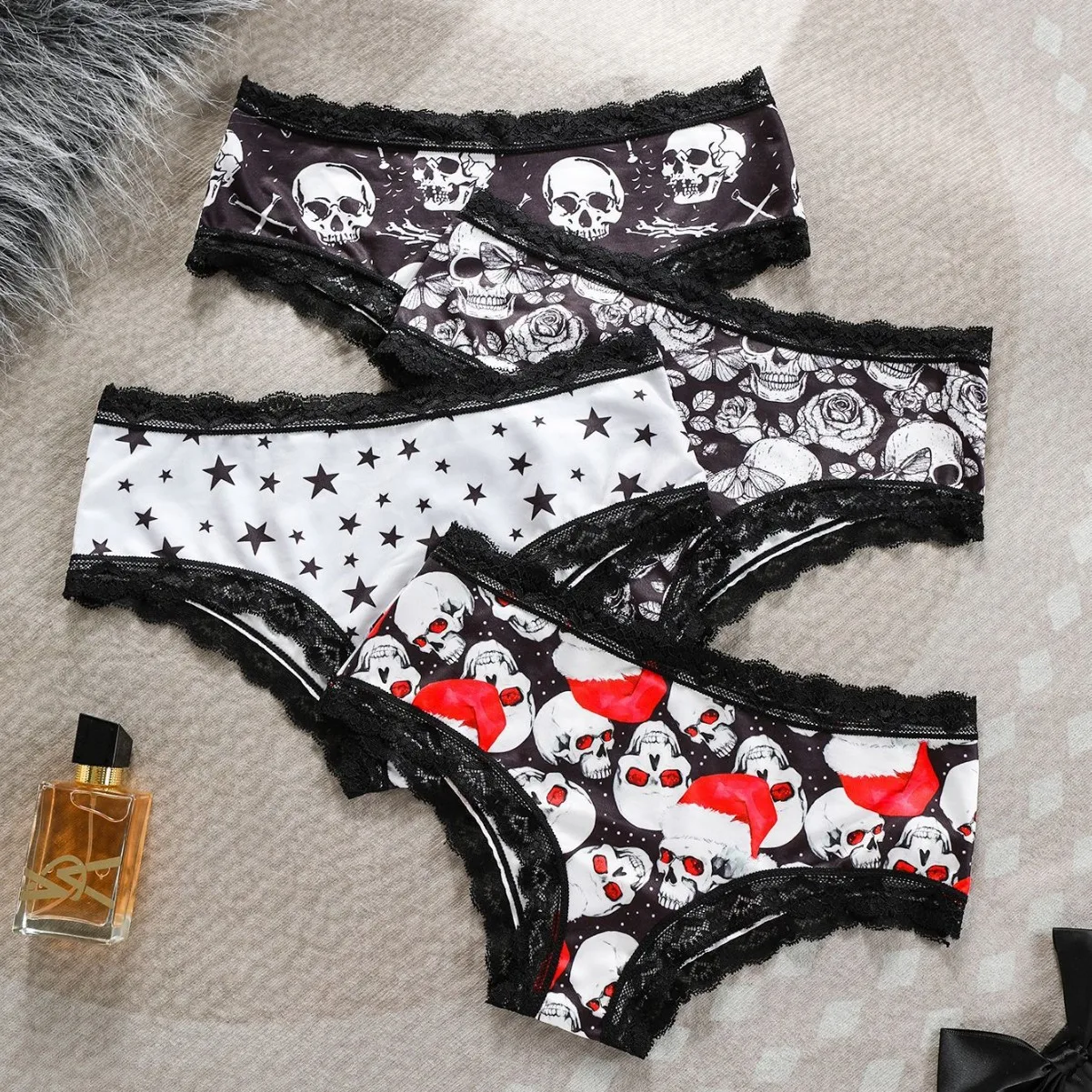 Halloween Skull star printed women's panties, lace patchwork mid-waist, ice silk, seamless and breathable