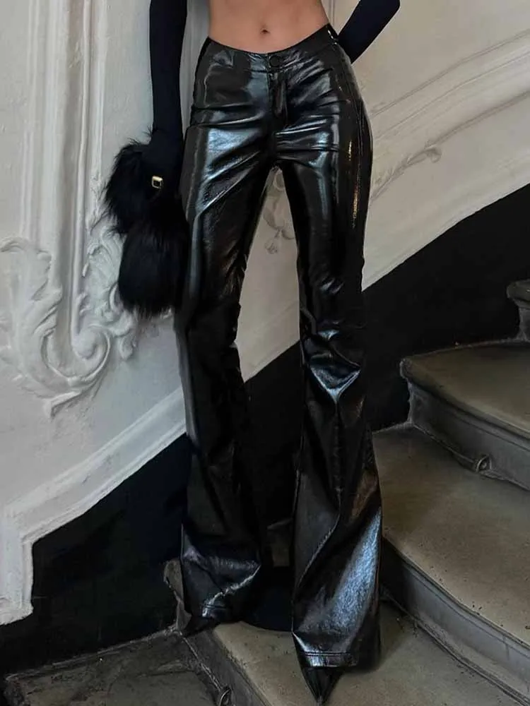 BKQU فاسق منخفضة الخصر بنطال جلدي النساء خمر الشارع الشهير Y2K Ruched نحيل أسود مضيئة بنطلون موضة الهيب هوب قيعان 2025 #1
