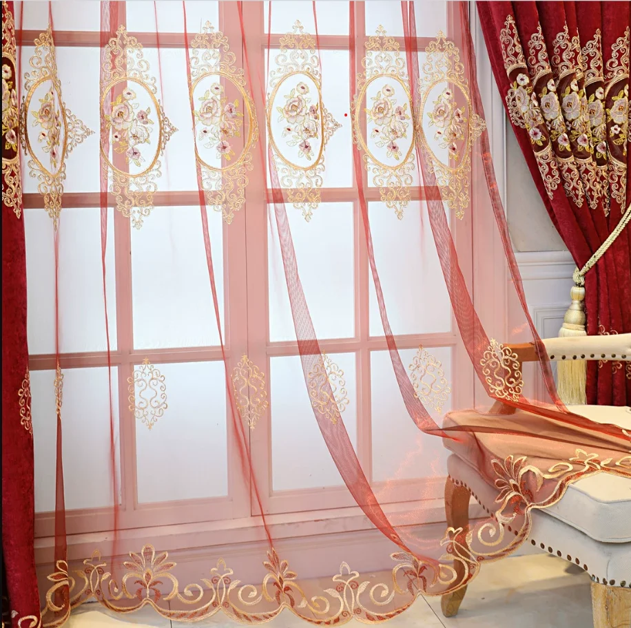 

High-endEmbroidered Red Double-layer Luxury Integrated Blackout Fabric Curtains for Living Room Balcony Custom White Tulle