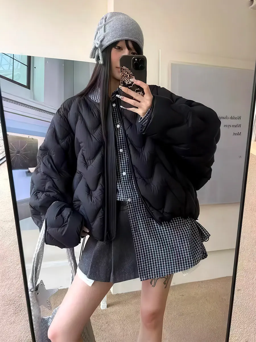 Winter Fluffy Puff Short Down Jacket Women White Duck Down Round Neck Warm Outwears Female Zipper Quilted Parker Puffer Jacket