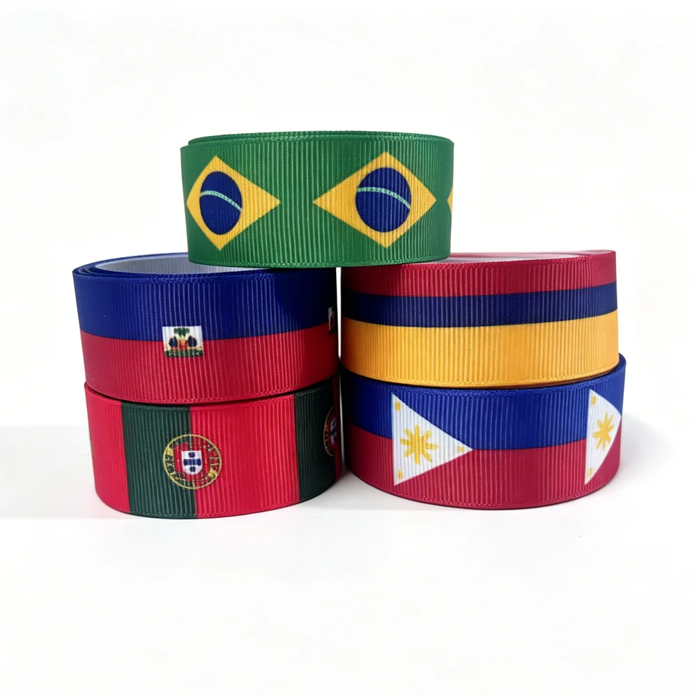 50yards Brazil Colombia Haiti Portugal Flag Printed Grosgrain Ribbon for Accessories Material Decoration DIY Sewing Craft