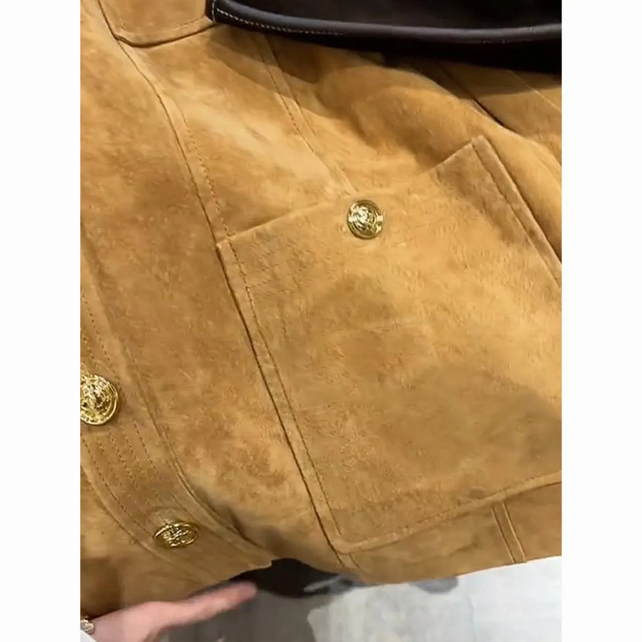Stylish Women's Brown Leather Velvet Jacket with Gold Buckle Unique Attractive Casual Style Polyester Fiber 2026 Autumn Colle...