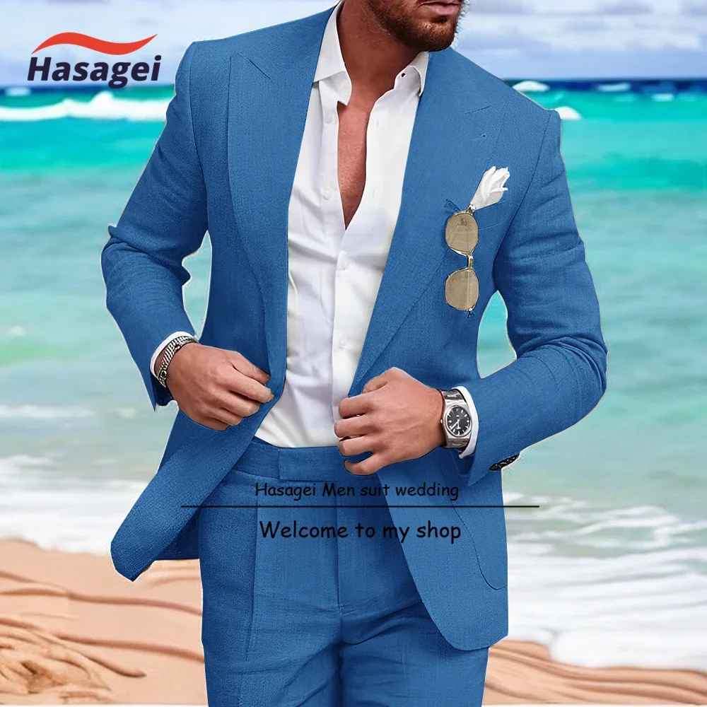 Conjunto de traje de lino para hombre, traje de 2 piezas de corte ajustado para playa, boda, padrino de boda, traje de fiesta informal