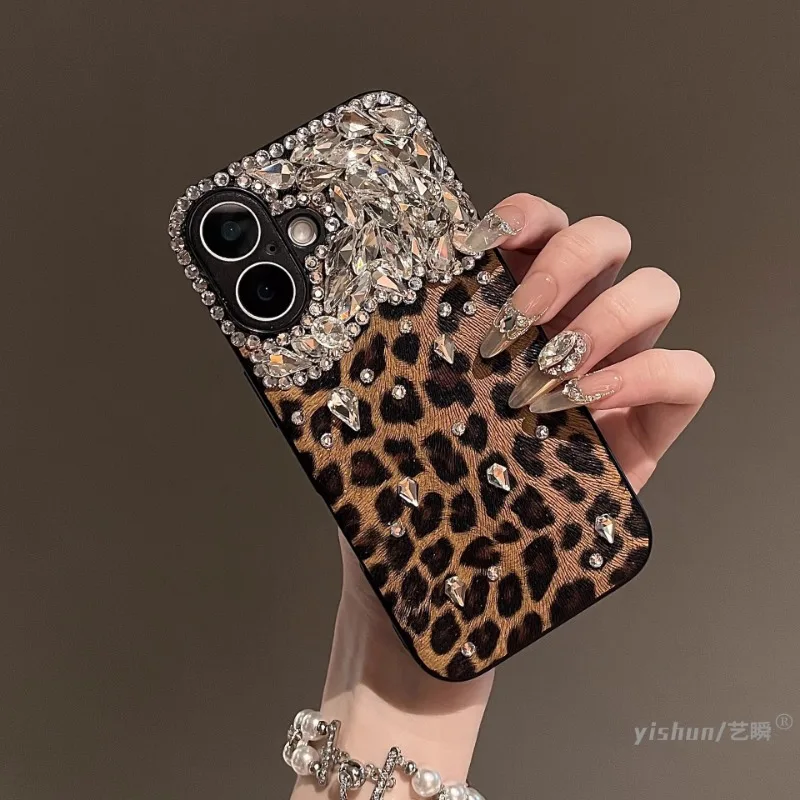 New Suitable for iPhone 16Plus Phone Case 15promax Brown Leopard Print 14pro Rhinestone 13 All Inclusive 12 11 Protective Cover