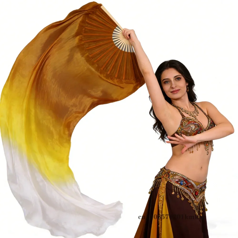 Golden Dance Fan 100% Real Silk Belly Dance Stage Performance Props Fans Hand-dyed Multiple Colors Silk Veils 180