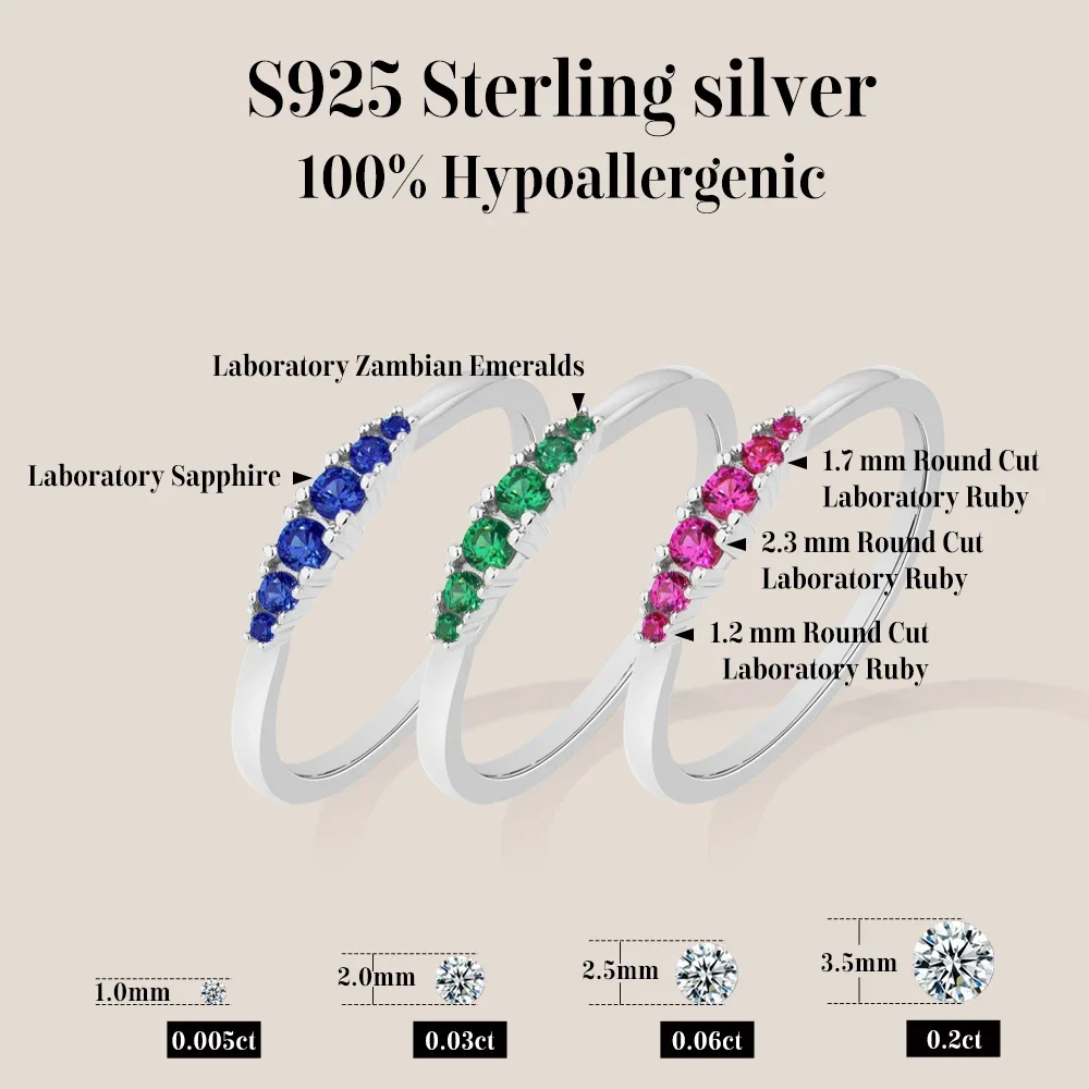 QIBAOKU S925 Silver Ruby Rings Sapphire Men's Ring Minimalist Graduated Emerald Stackable Bands May Birthstone Jewelry Gift 2026