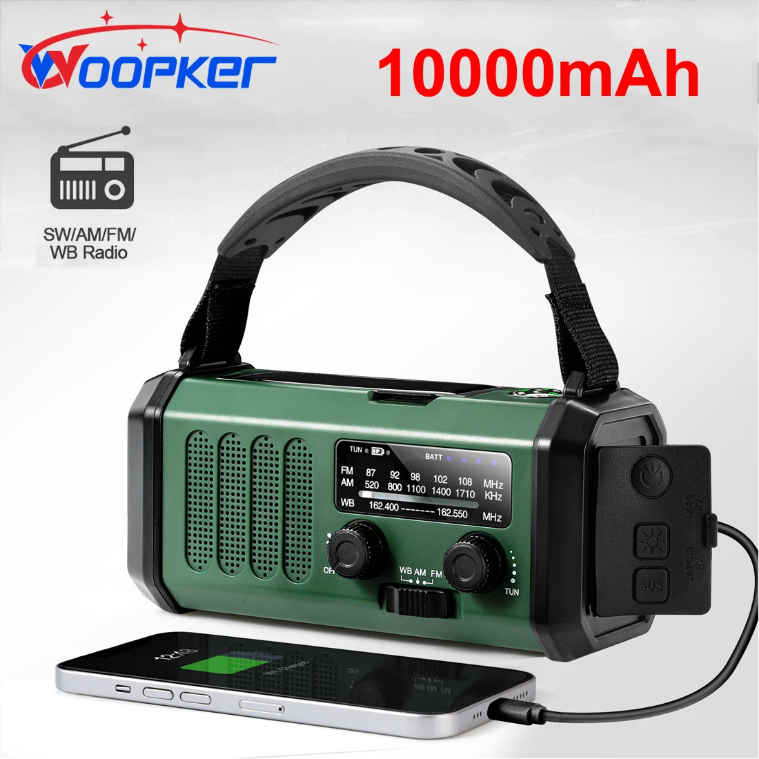 Woopker 10000mAh E30 Radio FM Emergency Radio Solar Hand Crank AM/NOAA LED Dual USB Rechargeable Portable SOS Alarm Power Bank