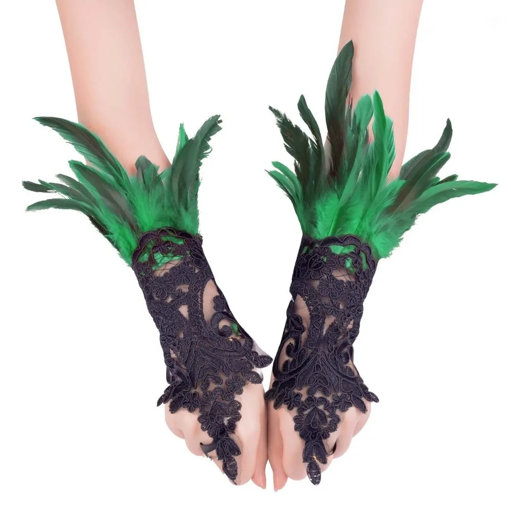 Creative Wristband Halloween Feather Gloves Embroidery Gothic Feather Lace Glove Retro Dark Women Halloween Cuffs Party Supplies