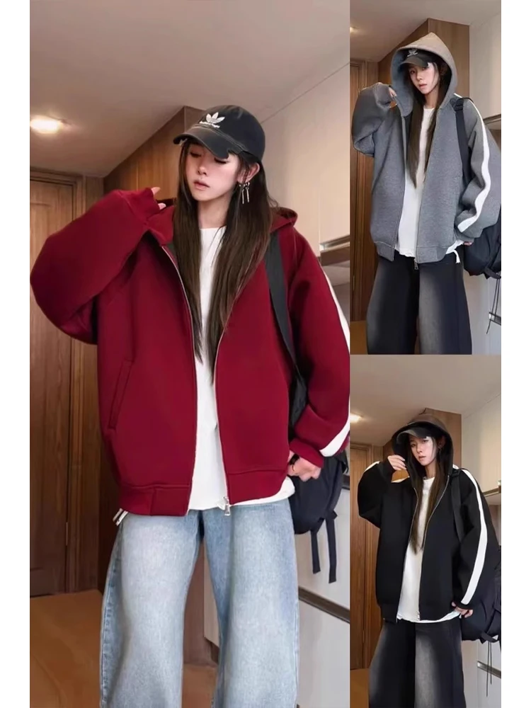 

American Sle Heavyweight Splice Hooded Sport Open Cardigan Sweatirt Men's Autumn Cleanfit Loose Large Size Couple Jaet