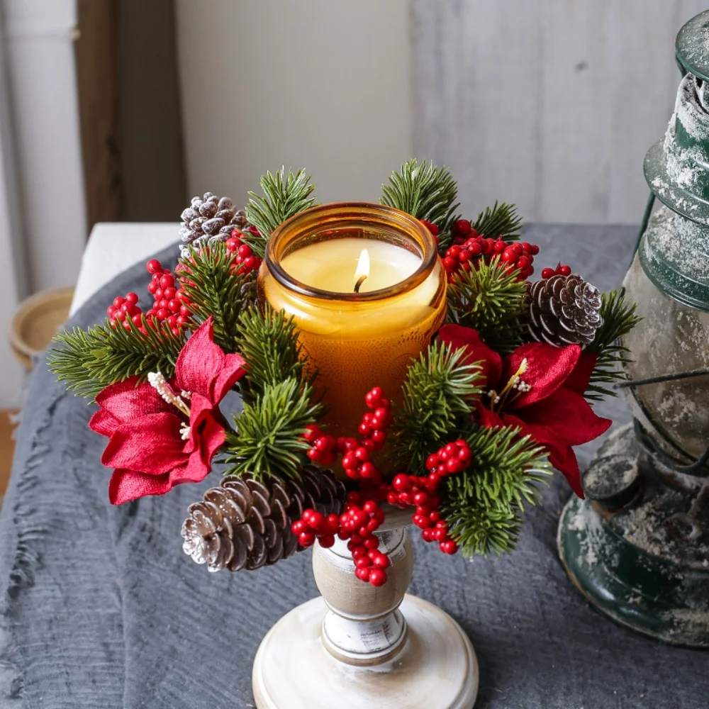 Christmas Candlestick Wreath Artificial Berry Garland Candle Ring Xmas Table Decoration Fake Leaves Wreath For Candle Holder